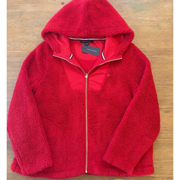 Tommy Hilfiger Jackets & Blazers - Tommy Hilfiger Sherpa Fleece Jacket Womens Large Red Hooded Full Zip NWT